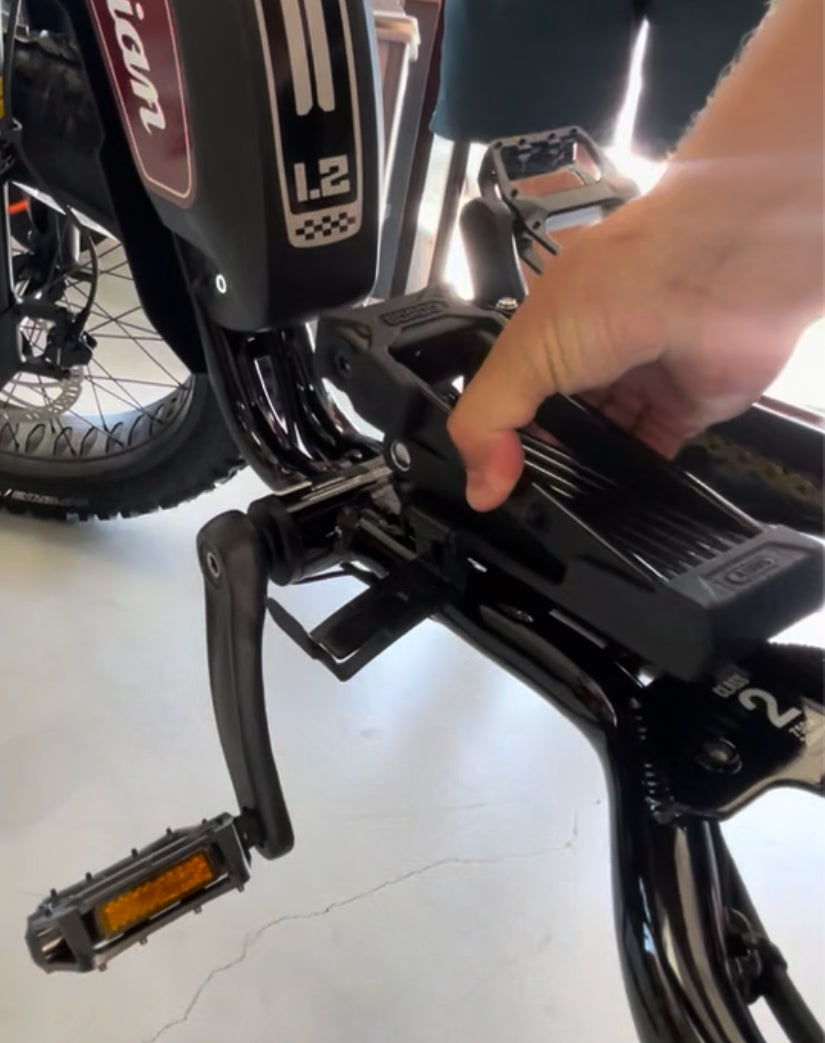 Example of ABUS Lock placements 

Planning to pick up your new e-bike/e-moto from our shop location in Newport Beach?  
We assemble ABUS Locks onto e-bikes per customer requests at no additional charge. 
*Per customer purchase & request, we can assemble an ABUS lock onto an e-bike purchase at no additional charge.  
